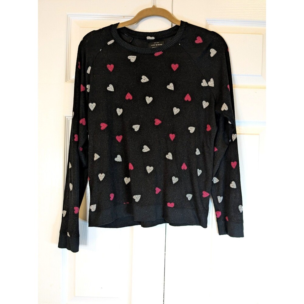 Lucky Brand Womens M Black Heart Print Raglan Crewneck Sweater Pullover Sweet